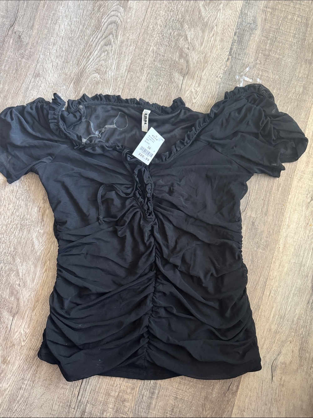 Black Ruched Off-Shoulder Blouse with Front Tie